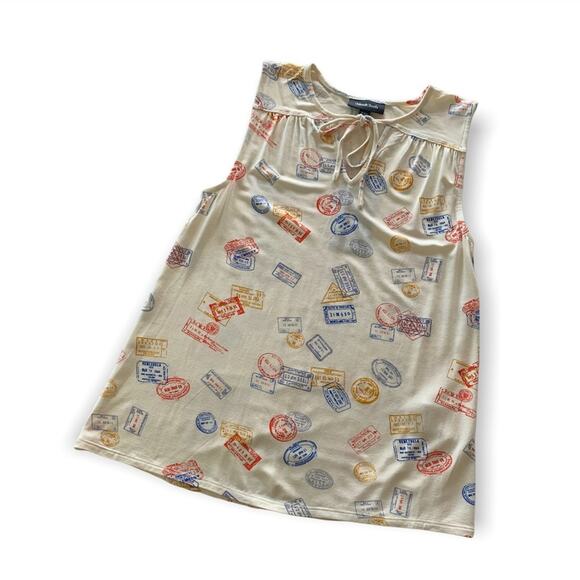 ModCloth | White Passport Stamps Travel Familiar Feeling Sleeveless Top XXS - Picture 2 of 10